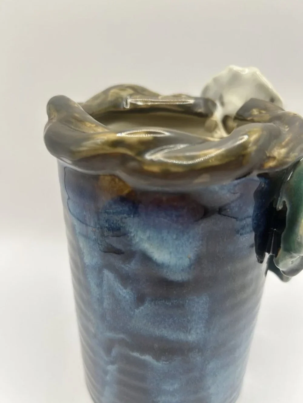 Handmade Studio Pottery Vase Blue Drip Glaze Floral Applied Art Vase Majolica￼